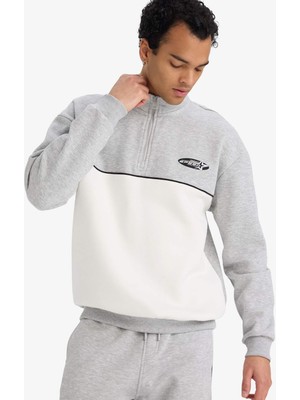 DeFacto Boxy Fit Dik Yaka Yarım Fermuarlı Baskılı Kalın Sweatshirt F3825AX25WN