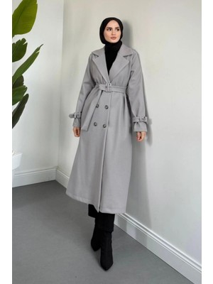 Tesettür Diyarı Maison Astarlı Kemerli Kaşe Tesettür Kaban- Gri