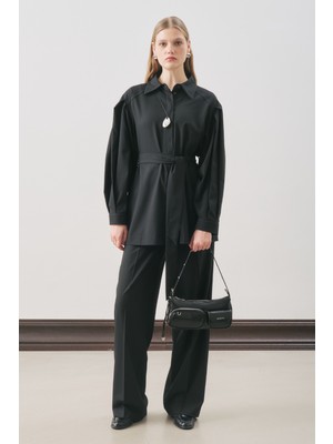 Manuka Geniş Kol Kemerli Gömlek Siyah