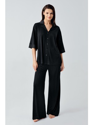 Artış Collection Truvakar Kol Düğmeli Saten Detaylı Esnek Viskoz Pijama Takım 17202