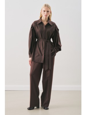 Manuka Geniş Kol Kemerli Gömlek Acı Kahve