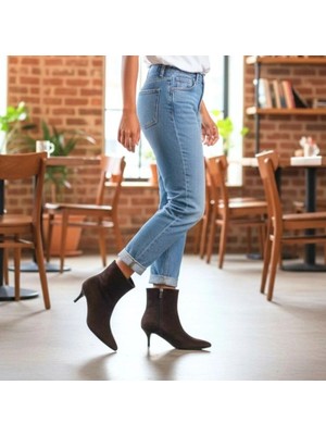 Ne&Ve Shoes Kahve Süet Sivri Burun Kadın Klasik Bot