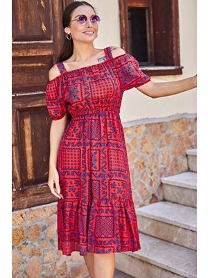 Armonika Kadın Mercan Kareli Çiçek Desenli Askili Beli Lastikli Elbise