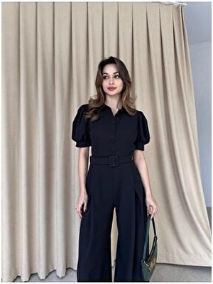 Moda Durağı Steffy Tulum 5004 Siyah Viskoz Tüylenmez Özellikli Kısa Kol Gömlek Yaka Kadın Tulum