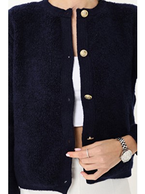 Winter Club Kadın Bisiklet Yaka Gold Düğmeli Teddy Hırka