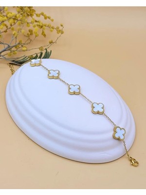 Nevoka Beyaz Hologram Taşlı Gold Çift Taraflı Şans Yoncası Bileklik
