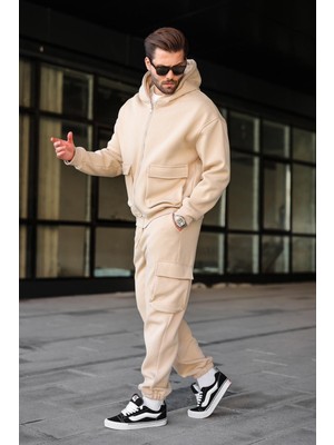 Madmext Bej Kapüşonlu Kargo Cepli Erkek Eşofman Takımı E7342