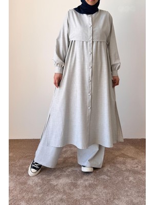 Ande Tesettür Bağlama Detaylı Pantolonlu Takım - Gri