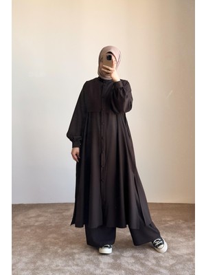 Ande Tesettür Bağlama Detaylı Pantolonlu Takım - Acı Kahve