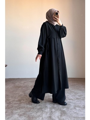 Ande Tesettür Bağlama Detaylı Pantolonlu Takım - Siyah