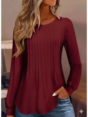 Bosel Kadın Uzun Kollu Yuvarlak Yaka Nervürlü Bluz
