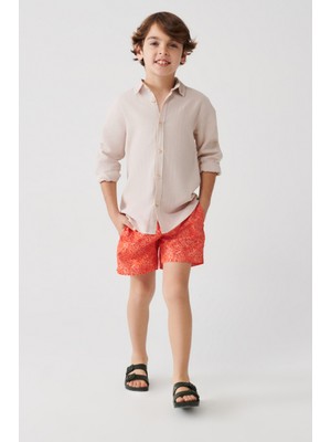 AVVA Erkek Turuncu Çiçek Baskılı Çocuk Deniz Şortu A31Y3857