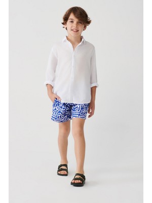 AVVA Erkek Mavi Geometrik Baskılı Çocuk Deniz Şortu A31Y3859