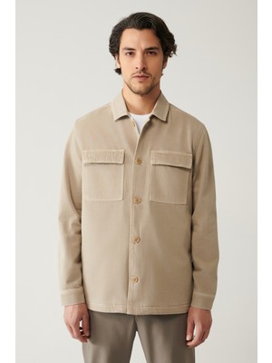 AVVA Erkek Vizon Klasik Yaka Garment Dyed Cepli %100 Pamuk Comfort Fit Denim Ceket A41Y6005