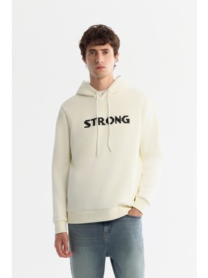 AVVA Erkek Ekru Kapüşonlu 3 İplik Şardonlu Baskılı Regular Fit Sweatshirt A42Y1222