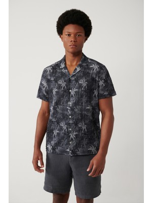 AVVA Erkek Siyah Apaj Yaka Pamuklu Desenli Kısa Kollu Regular Fit Gömlek A41Y2137