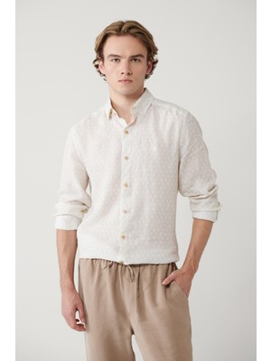 AVVA Erkek Bej Alttan Britli Yaka Desenli %100 Keten Regular Fit Gömlek A41Y2120