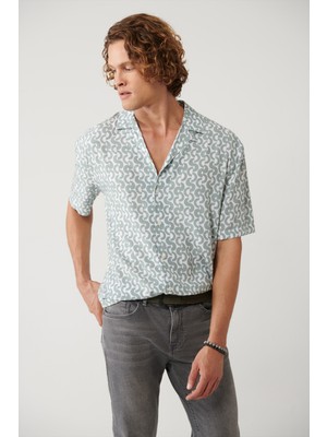 Avva Erkek Haki %100 Viskon Apaj Yaka Baskılı Viskon Kısa Kollu Regular Fit Gömlek A41Y2148