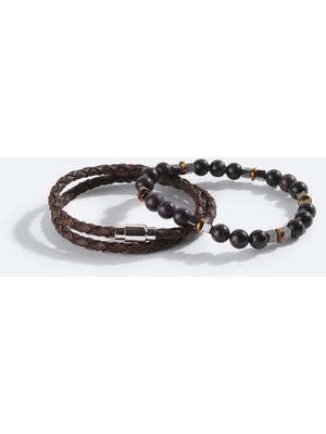 AVVA Erkek Kahverengi Deri Ceyt ve Hematit Taşlı Bileklik A42Y9615