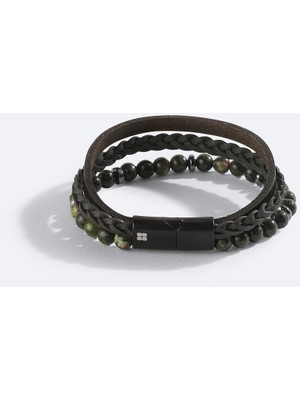 AVVA Erkek Haki Deri Ceyt Ve Hematit Taşlı Bileklik A42y9614