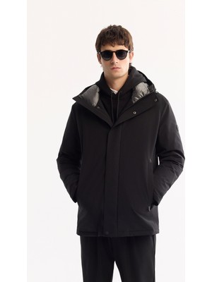 Avva Erkek Siyah Kapüşonlu Su İtici Rüzgar Geçirmez -7 Dereceye Dayanıklı Regular Fit Mont A52Y6099