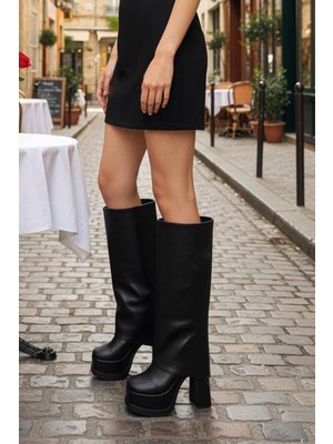 Preshley Kadın Herney Siyah 12 cm Platfom Topuklu Tak Çıkart Bot Çizme