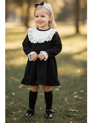 Parla Kids Kız Çocuk Ruby Siyah Uzun Kollu Dantel Detaylı Fırfırlı Elbise