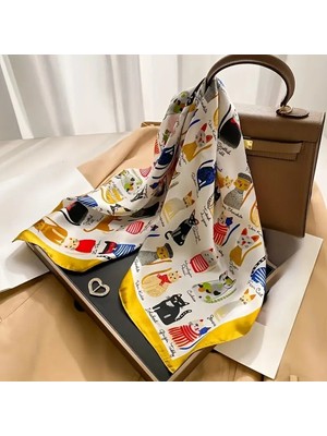 Dukart Trendlover Kedi Desenli Beyaz Eşarp, Fular, Bandana