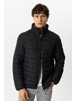 Siyah Regular Fit Dik Yaka Puffer Şişme Mont