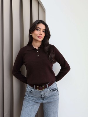 Esra Helvacı Polo Yaka Yarım Düğmeli Kazak