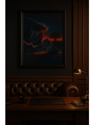 Aslan ve Yavru – Gece Silüet Sanat Posteri (Çerçeveli)