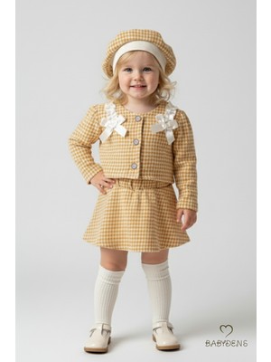 Babyden's Kız Bebek Kazayağı Desenli Etek Ceket Şapka Takımı,oduncu Kumaş Kışlık 3’lü Kombin Düğme ve Fiyonklu