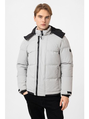 Açık Gri Regular Fit Kapüşonlu Puffer Mont