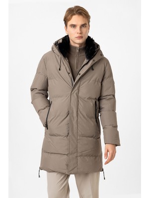 Vizon Regular Fit Kürklü Yaka Kapüşonlu Puffer Uzun Şişme Mont