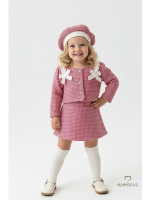 Babyden's Kız Bebek Kazayağı Desenli Etek Ceket Şapka Takımı,oduncu Kumaş Kışlık 3’lü Kombin Düğme ve Fiyonklu