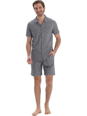 Erkekler İçin Dagi Gri Metraj Baskılı Gömlek Şort Pijama Takımı Özel Olaylar İçin Uygun