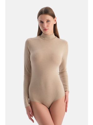Dagi Sütlü Kahve 5018KC Modal Kaşmir Uzun Kollu Balıkçı Yaka Bodysuıt