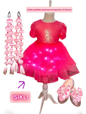 3b Kids Payetli Pembe Işıklı Elbise Kostüm + Pembe Bubble Saç + Pembe Babet Seti Bayram Doğum Günü Parti