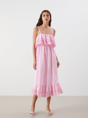 Lc Waikiki Yeni Sezon Ajurlu Askılı Belden Oturtmalı Poplin Elbise