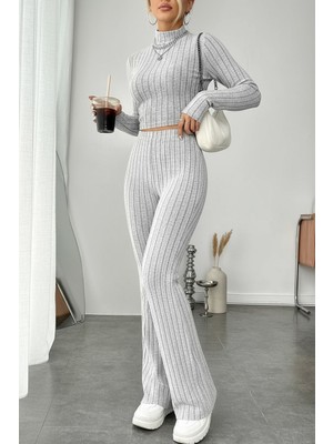 Ronanna Kadın Gri Çizgili Boğazlı Crop Top ve Yüksek Bel Pantolon Takım