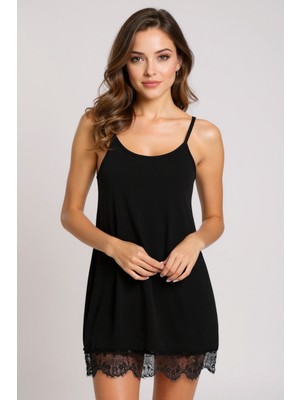 Ronanna Kadın Siyah Ip Askılı Dantel Detaylı Gecelik – Modern ve Şık Tasarım