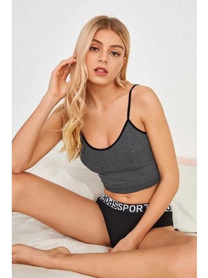 Ronanna Kadın Anstrasit Gri Ip Askılı Crop Top Bluz