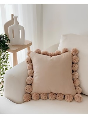Ponponlu Kahverengi Kırlent Kılıfı 40 x 40