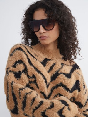 Lc Waikiki Yeni Sezon Dik Yaka Leopar Desenli Kadın Triko Tunik