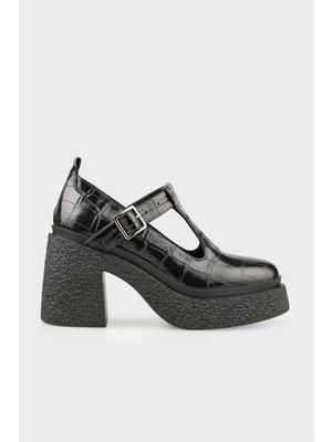 Elle Siyah Deri Kadın Topuklu Ayakkabı