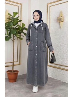 Harma Time Butik Kadın Cepli Düğmeli Kapüşonlu Denim Koyu Gri Trençkot