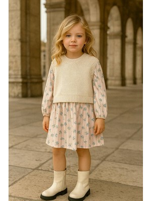 HC Kids Wear Kız Çocuk Triko Detaylı Dijital Baskılı Çiçekli Mevsimlik Elbise