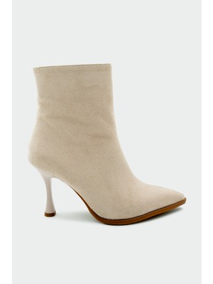 Laminta Apex Bej Süet Sivri Burun Fermuarlı Kadın Bot