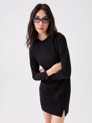 LC Waikiki Lcw Vision Siyah Bisiklet Yaka Düz Uzun Kollu Elbise