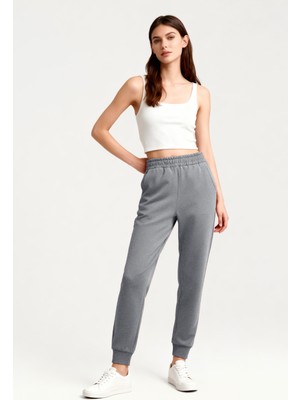 Tommy Life Gri Melanj Yüksek Bel Jogger Rahat Form Manşetli Kadın Eşofman Alt - 94561